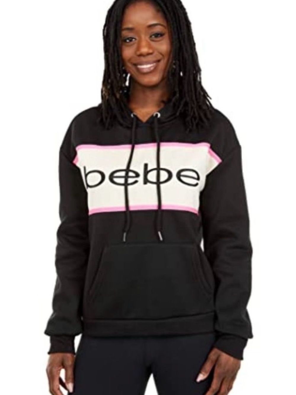 Bebe Sport Woman Lg Black/Pink Logo Hoodie Crop Fit Drawstring Hood Gently Used